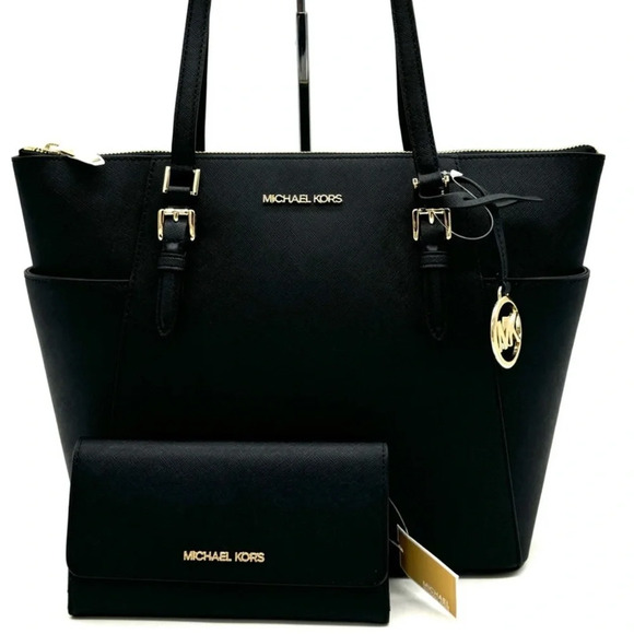 Michael Kors Large Charlotte TZ Tote Bag & Large Trifold Wallet Black/Gold - Picture 1 of 14